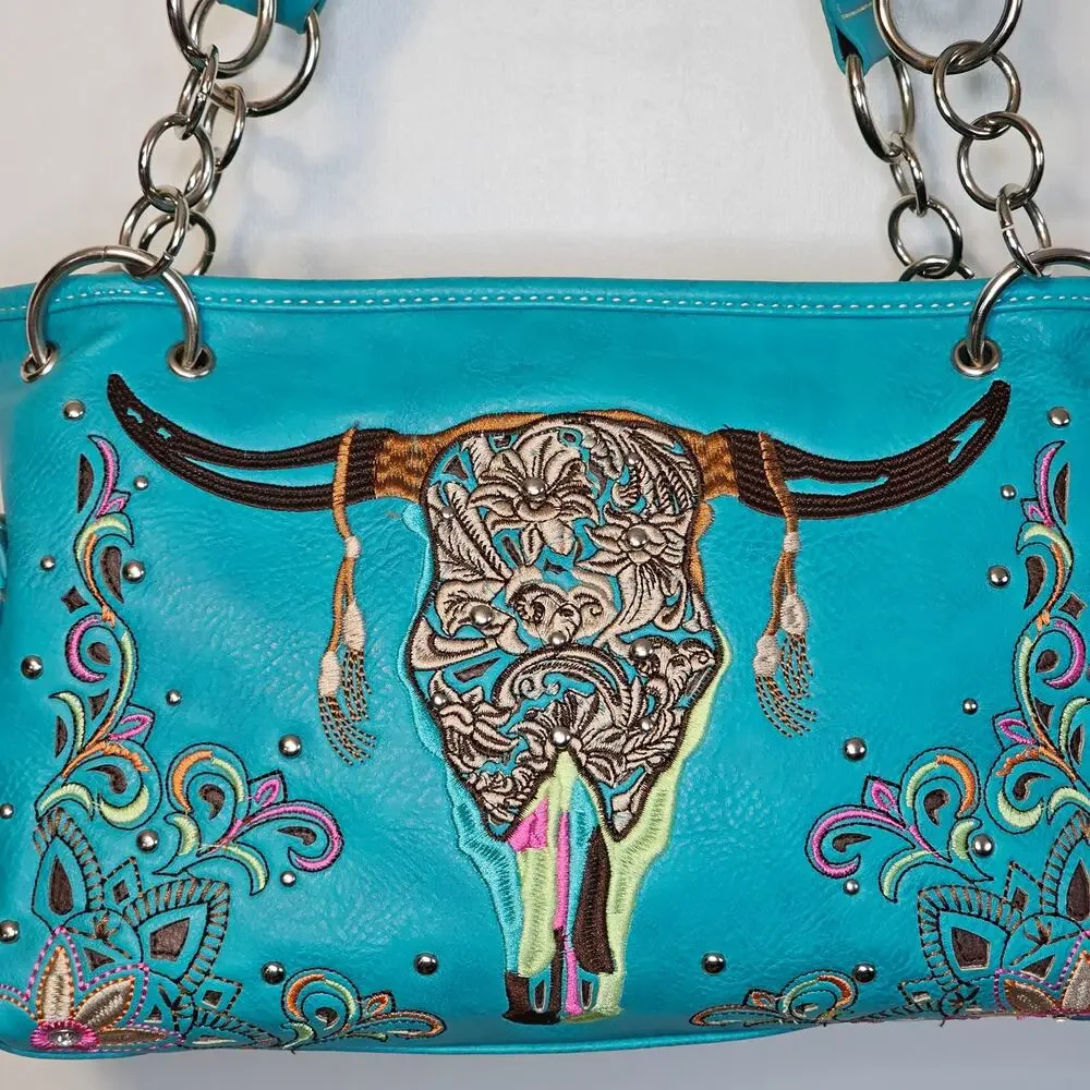 P & G Western Leather Concealed Carry Embroidered Steer Head Purse Handbag